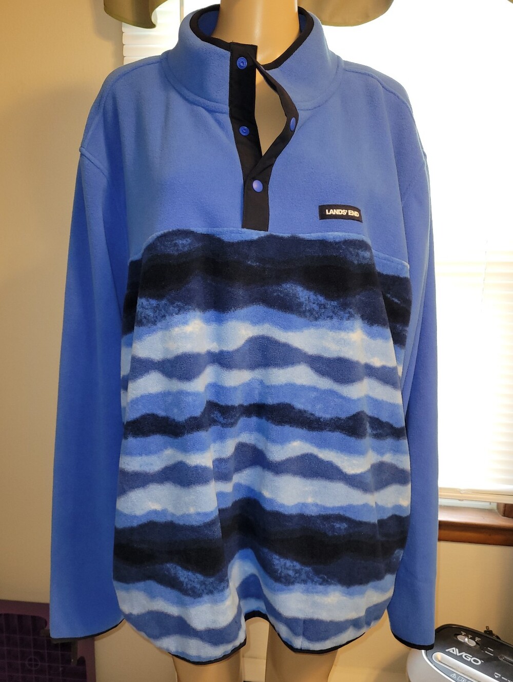 Lands' End Men's Blue Striped Fleece 3 Snap Front Pullover W/pockets. Size XXL